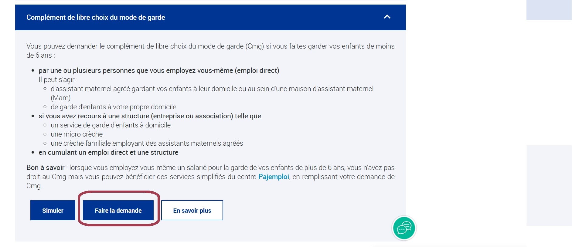 Récapitulatif de la demande de CMG en ligne avant validation