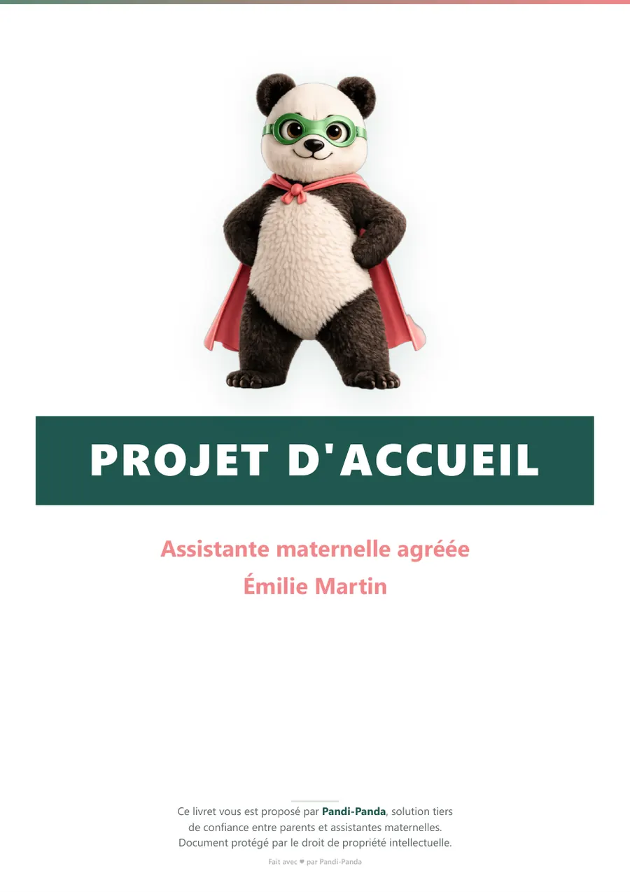 Exemple de projet d'accueil d'assistante maternelle, page 1 : couverture