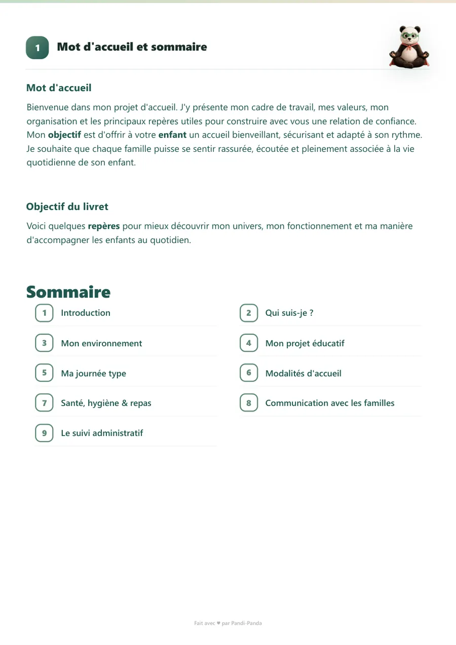 Exemple de projet d'accueil d'assistante maternelle, page 2 : mot d'accueil et sommaire