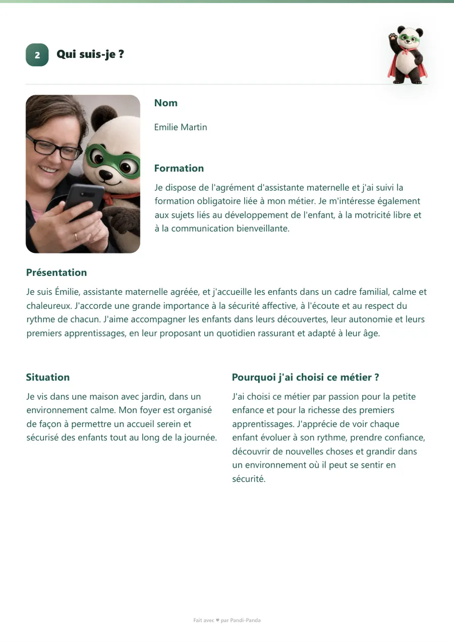 Exemple de projet d'accueil d'assistante maternelle, page 3 : qui suis-je ? présentation et formation