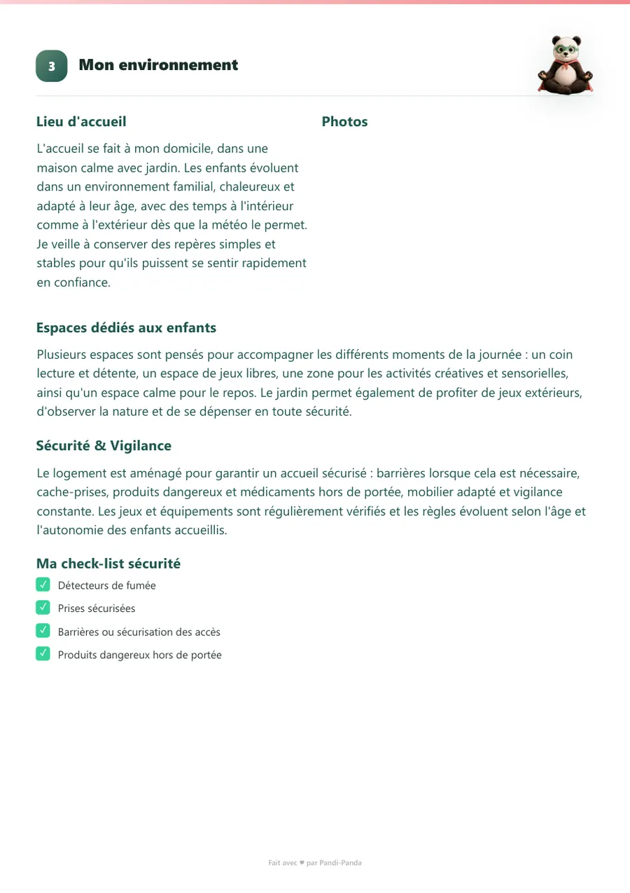 Exemple de projet d'accueil d'assistante maternelle, page 4 : mon environnement : lieu d'accueil et sécurité