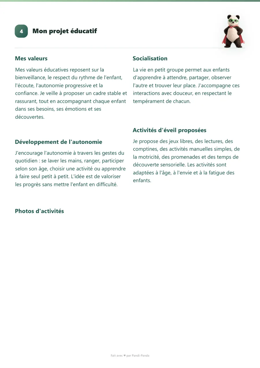 Exemple de projet d'accueil d'assistante maternelle, page 5 : mon projet éducatif : valeurs, autonomie, activités