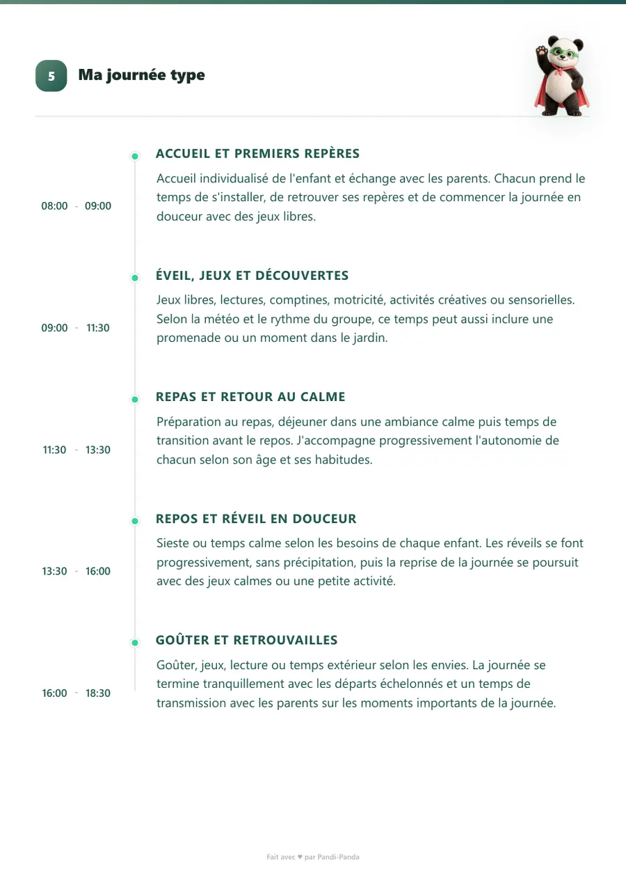 Exemple de projet d'accueil d'assistante maternelle, page 6 : ma journée type, de 8 h à 18 h 30