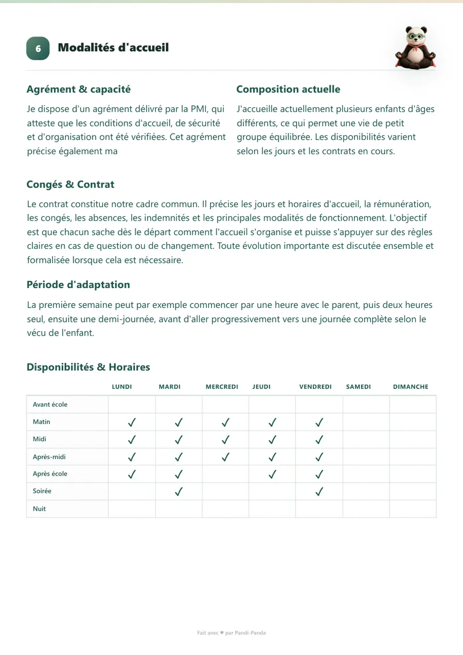 Exemple de projet d'accueil d'assistante maternelle, page 7 : modalités d'accueil : agrément, contrat, adaptation, horaires