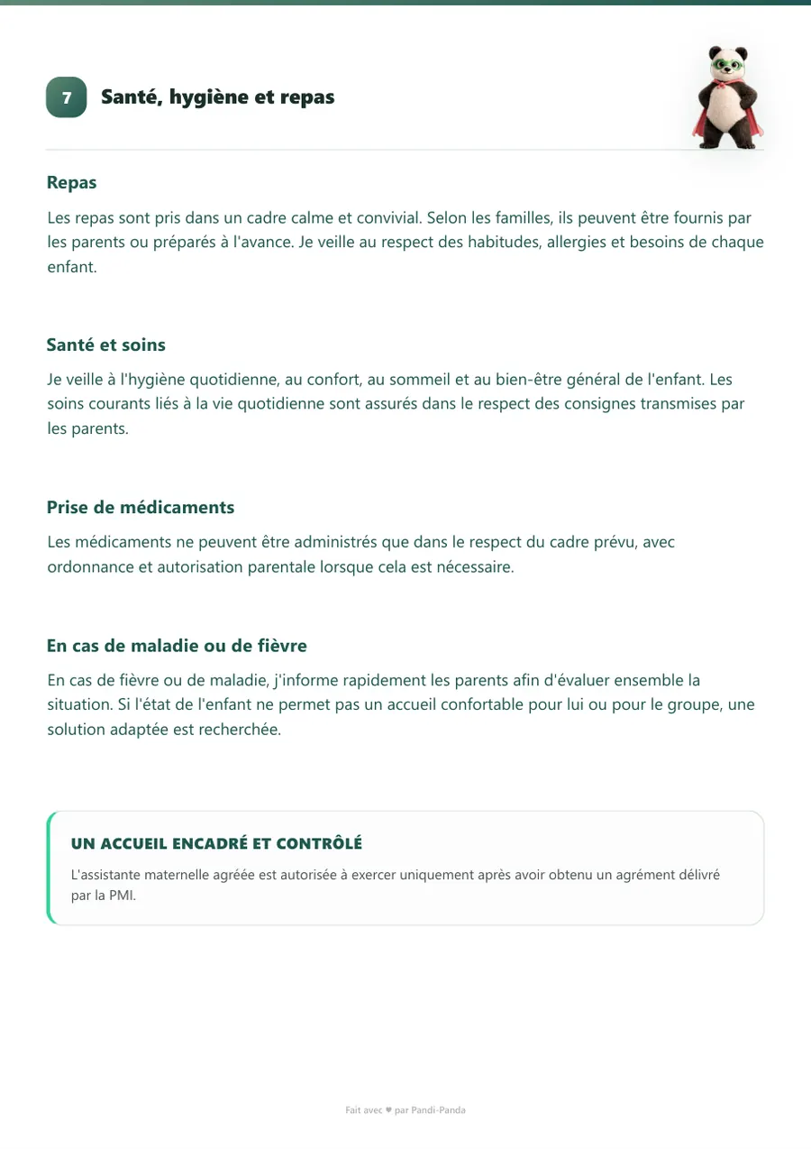 Exemple de projet d'accueil d'assistante maternelle, page 8 : santé, hygiène et repas