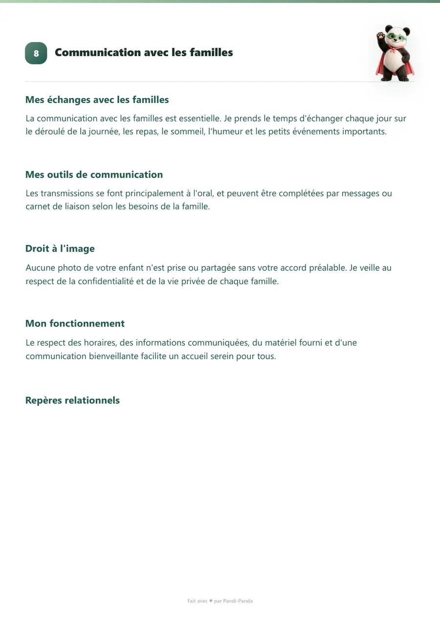 Exemple de projet d'accueil d'assistante maternelle, page 9 : communication avec les familles